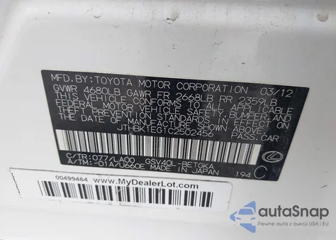 2012 Lexus Es 350 z USA, uszkodzony, nr VIN JTHBK1EG1C2502456